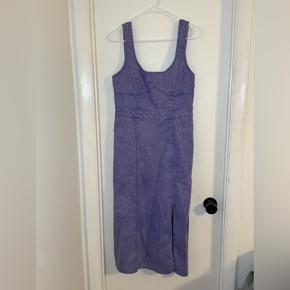 Future Collective Purple Denim Midi Dress Size 6 | Scoop Neck Front Slit - Picture 5 of 7